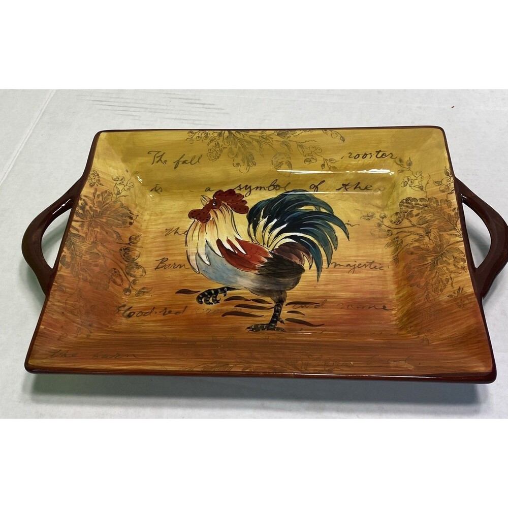 Maxcera Corp Strolling Rooster Serving Platter  Double Handle Tray 10”x 14”